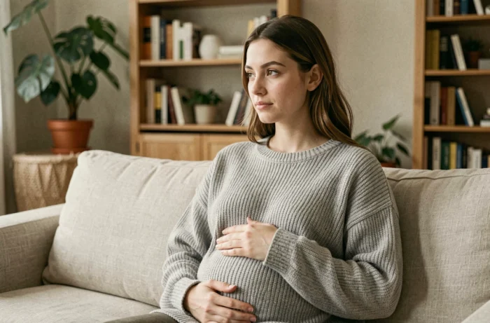 Femme enceinte assise sur un canapé, mains posées sur le ventre, expression sereine illustrant les signes de grossesse