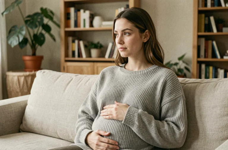 Femme enceinte assise sur un canapé, mains posées sur le ventre, expression sereine illustrant les signes de grossesse