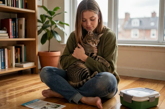 Jeune femme prenant soin de son chat à domicile grâce à des solutions vétérinaires innovantes comme GMVET1, dans un appartement urbain chaleureux