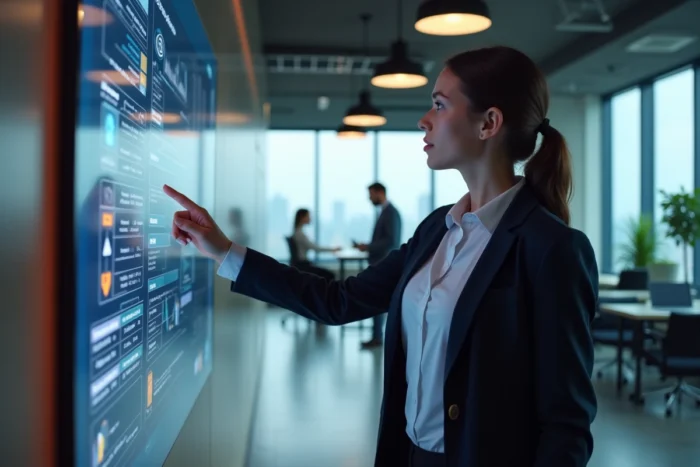 Spécialiste en cybersécurité présentant un tableau de bord de sécurité réseau à son équipe dans un bureau moderne