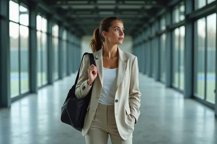 Sportive professionnelle dans le couloir d'un complexe sportif moderne tenant un sac de sport