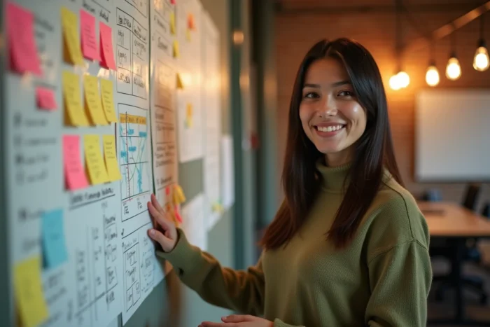 Jeune entrepreneuse présentant sa stratégie de startup sur un tableau d'idées dans un incubateur créatif, illustrant les services innovants pour entrepreneurs