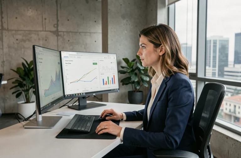 Femme professionnelle analysant des tableaux de bord marketing en ligne dans un bureau moderne pour optimiser la visibilité de son entreprise