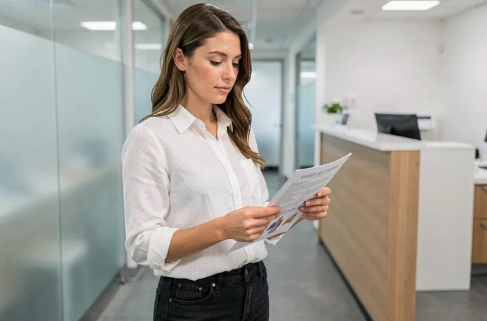 Femme consultant un document médical dans un couloir de clinique, illustrant le suivi médical des signes de grossesse
