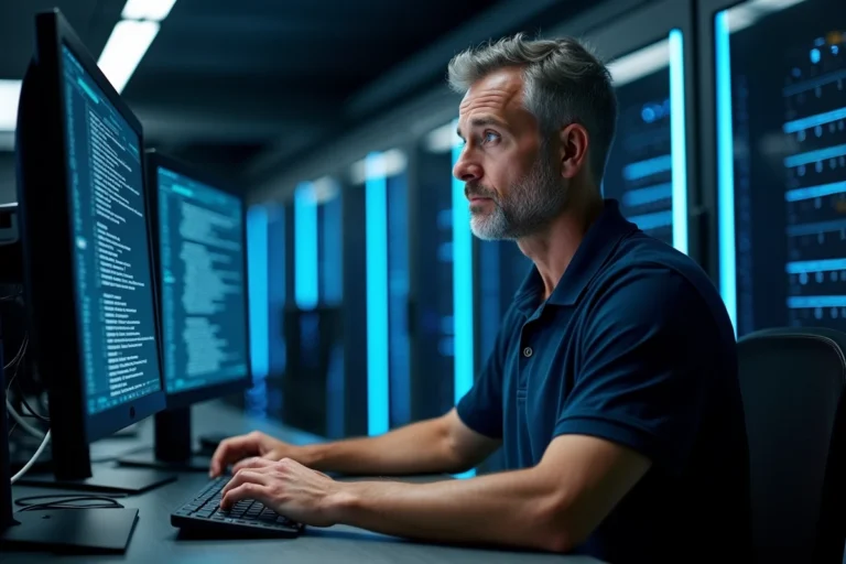 Technicien informatique analysant des journaux de sécurité sur plusieurs écrans dans une salle de serveurs d'entreprise