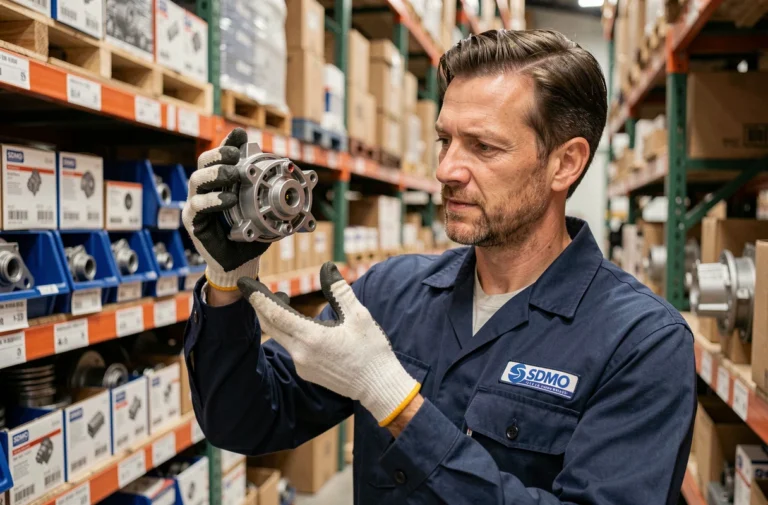 Technicien inspectant une pièce de rechange SDMO authentique dans un entrepôt de fournitures industrielles
