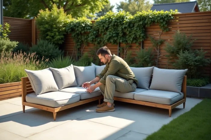 Homme assemblant un canapé modulable d'extérieur sur une terrasse en béton entourée de plantes et d'une clôture en bois avec lierre