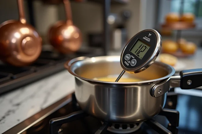 Thermomètre de cuisine indiquant 121°C dans une casserole de sirop pour une pâte à bombe réussie et sécurisée