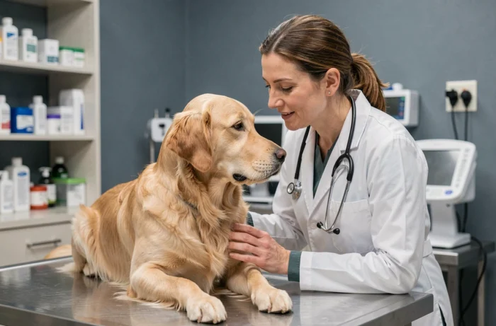 Vétérinaire professionnelle examinant un golden retriever dans une clinique vétérinaire moderne, illustrant les soins animaliers avancés avec GMVET1