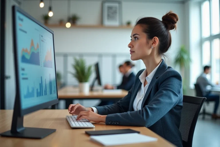 Femme entrepreneur analysant les performances de visibilité en ligne de son entreprise sur un écran d'ordinateur dans un bureau moderne