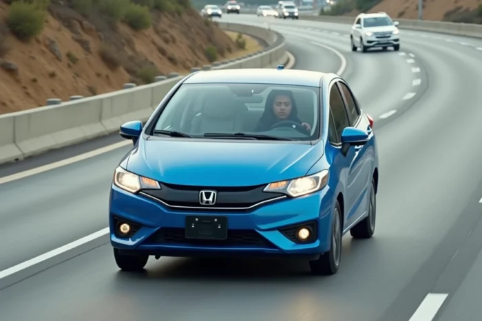 Petite voiture de 90 cv en accélération sur une bretelle d'autoroute en usage réel