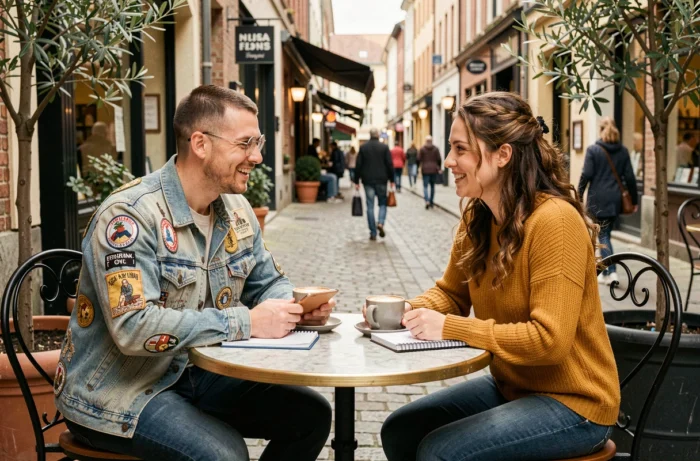Deux adultes aux identités xénogenres discutant avec enthousiasme autour de cahiers et de cafés dans une terrasse de café urbaine indépendante