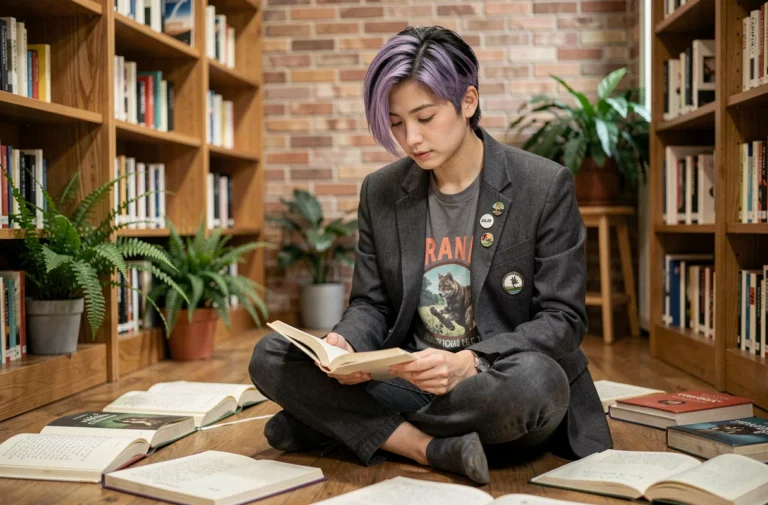 Jeune adulte xénogenre assis dans une librairie indépendante entouré de livres et de journaux personnels, portant des badges de pronoms sur son blazer structuré