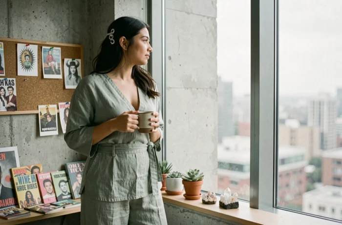 Personne xénogenre debout près d'une fenêtre dans un appartement minimaliste urbain, tenant une tasse en céramique et contemplant la ville avec sérénité